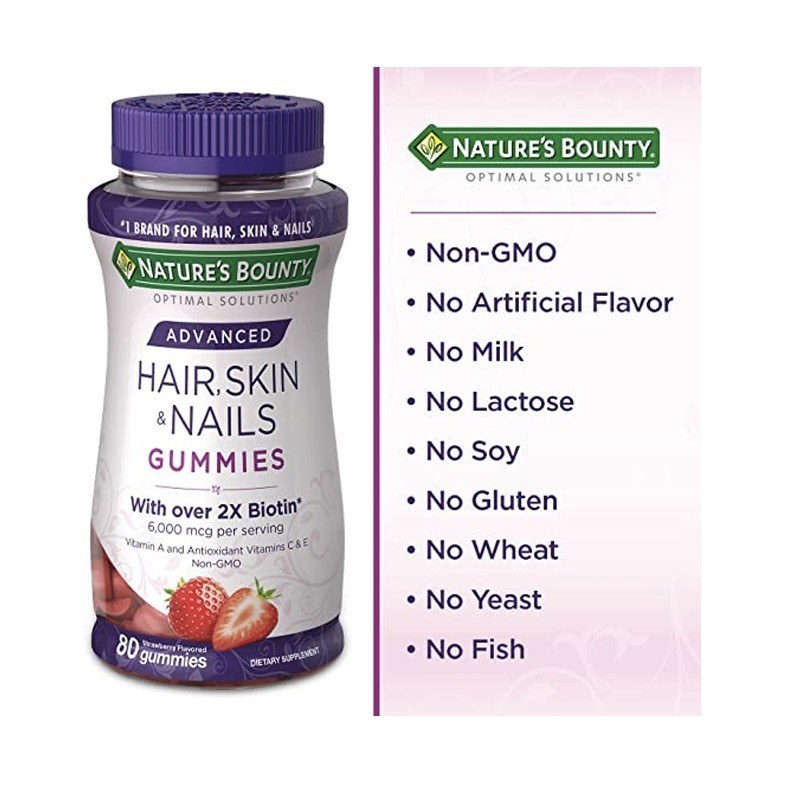 NATURE’S BOUNTY Optimal Solutions Advanced Bonbons Gélifiés Goût Fraise 2X Biotine Vitamines A, C & E